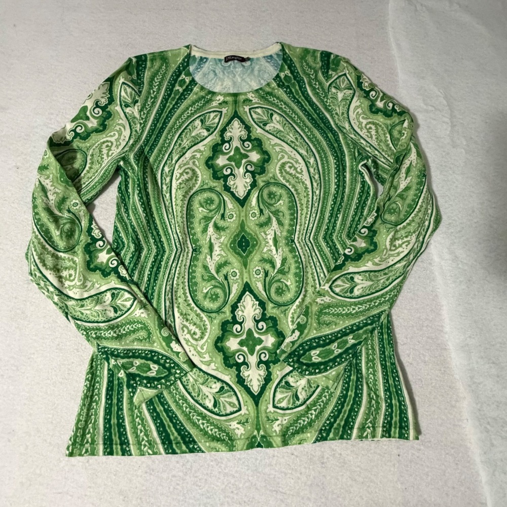 J.McLaughlin Green Paisley Side Button Long Sleeve Top Small Cotton Modal Knit